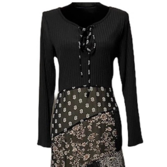 Anthropologie Maeve A Line Belle Noir Patchwork Lace Up Midi Dress Black medium - Picture 2 of 7